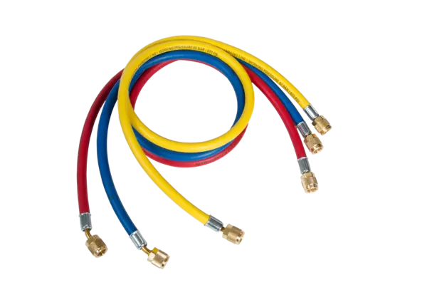 Set di 3 tubi flessibili 1/4"SAE, 60"/150 cm blu, rosso & giallo, 1x diritto 1/4" SAE, 1x angolato 1/4" SAE con depressore 9881276